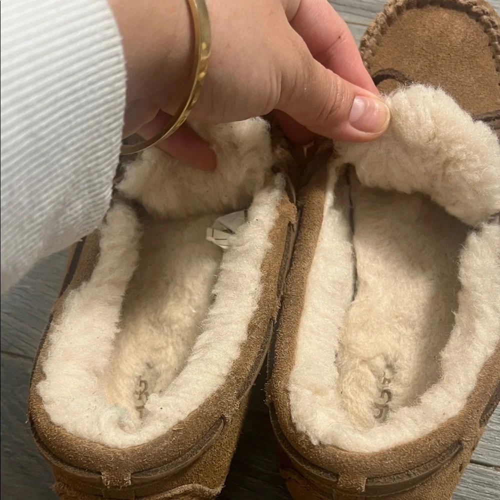 UGG Tan Slippers with Plush White Interior
